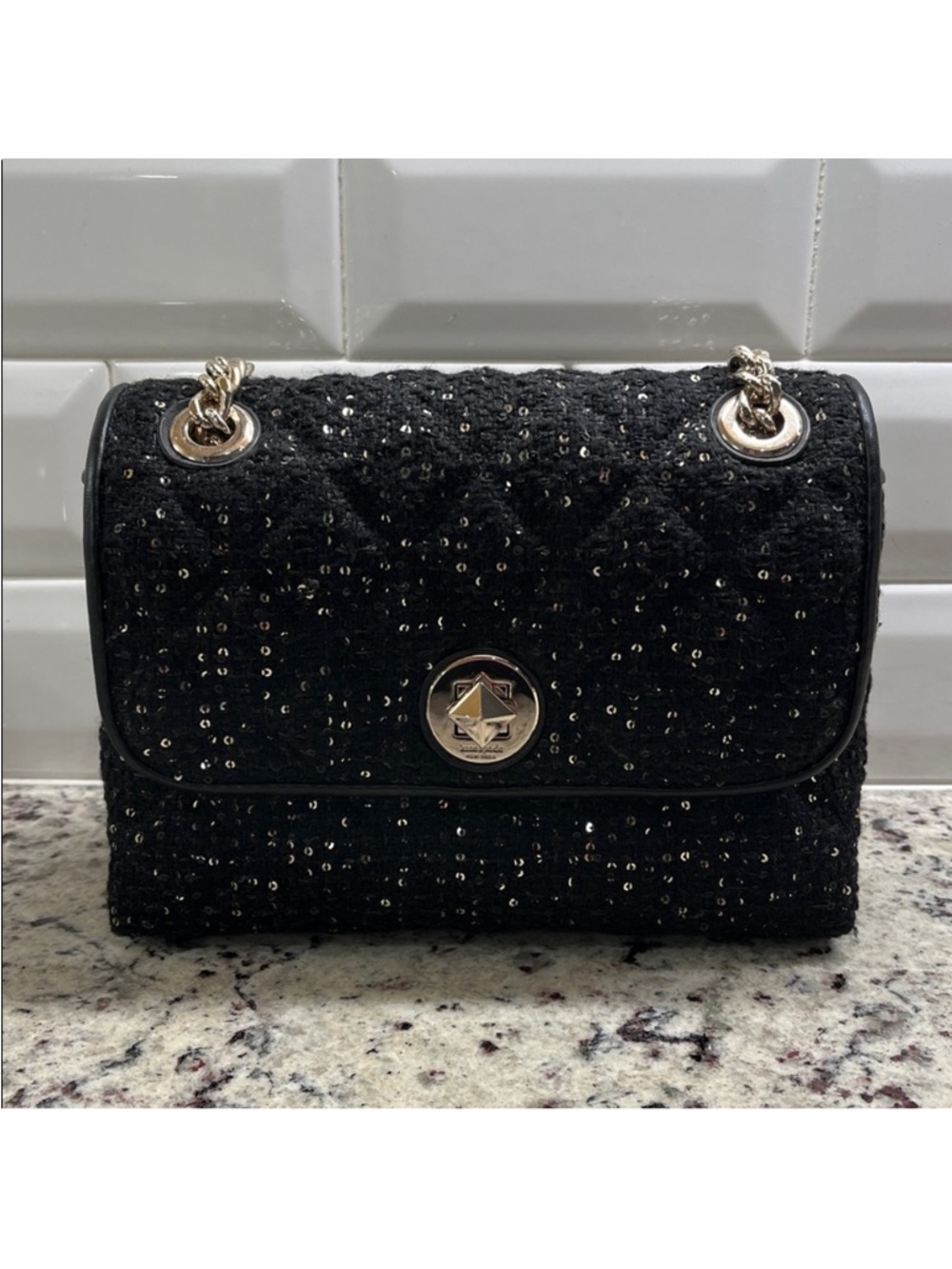 Kate Spade Natalia Tweed Sequin Flap Shoulder Crossbody Bag Black EUC